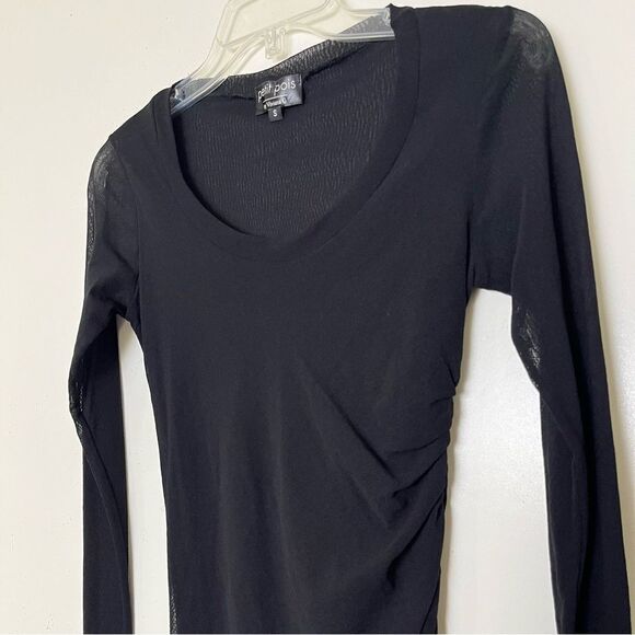 Petit Pois Viviana G Double Layer Mesh Crew Top Ruched Black Long Sleeve Small - Picture 5 of 9
